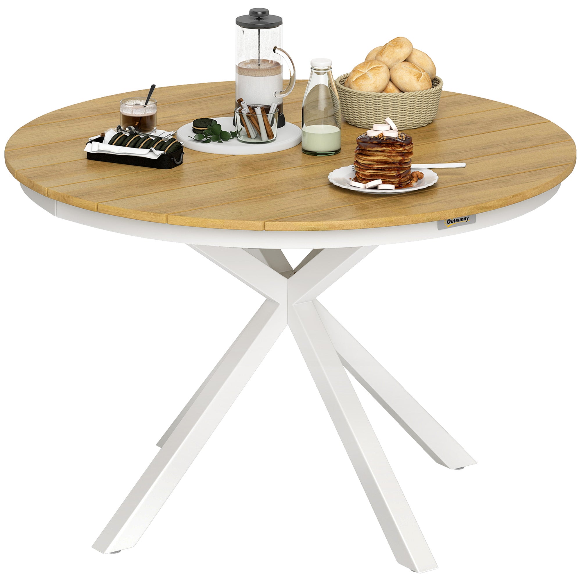 Patio Table Ø118cm, Weatherproof Aluminum Balcony Table with Cross Legs Slat Design Dining Table Outdoor, Camping Table, Round Terrace Table for Garden Balcony Teak
