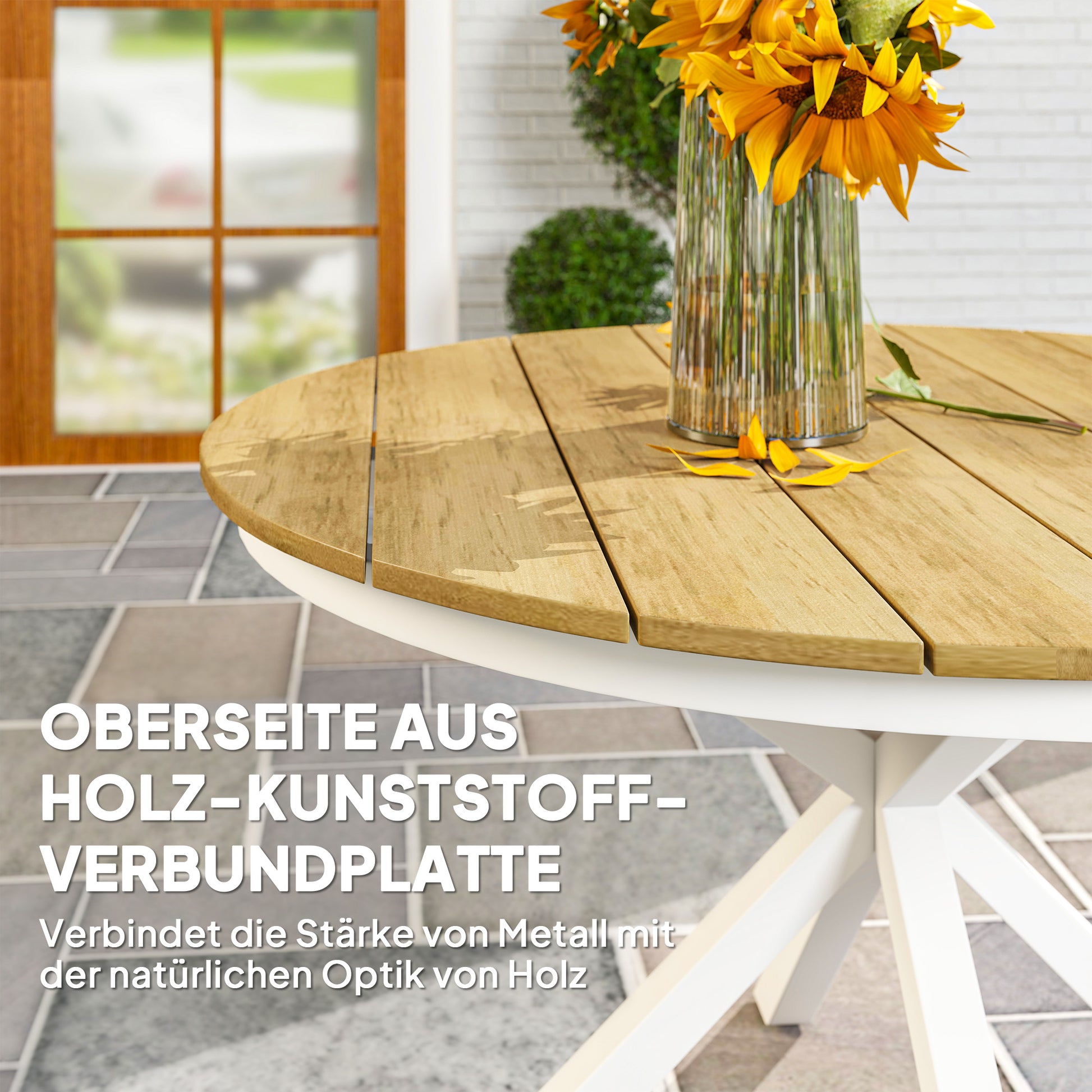Patio Table Ø118cm, Weatherproof Aluminum Balcony Table with Cross Legs Slat Design Dining Table Outdoor, Camping Table, Round Terrace Table for Garden Balcony Teak