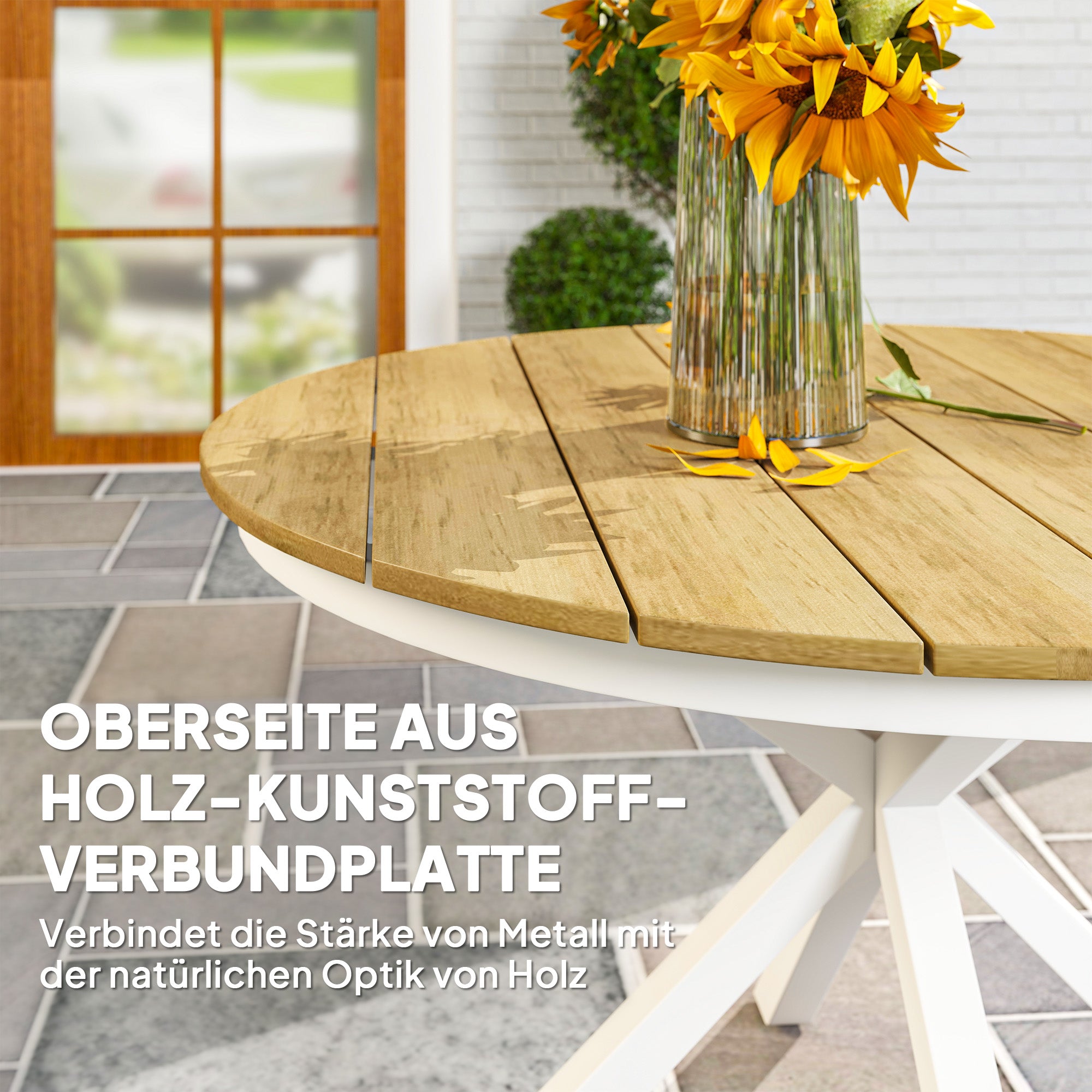 Patio Table Ø118cm, Weatherproof Aluminum Balcony Table with Cross Legs Slat Design Dining Table Outdoor, Camping Table, Round Terrace Table for Garden Balcony Teak