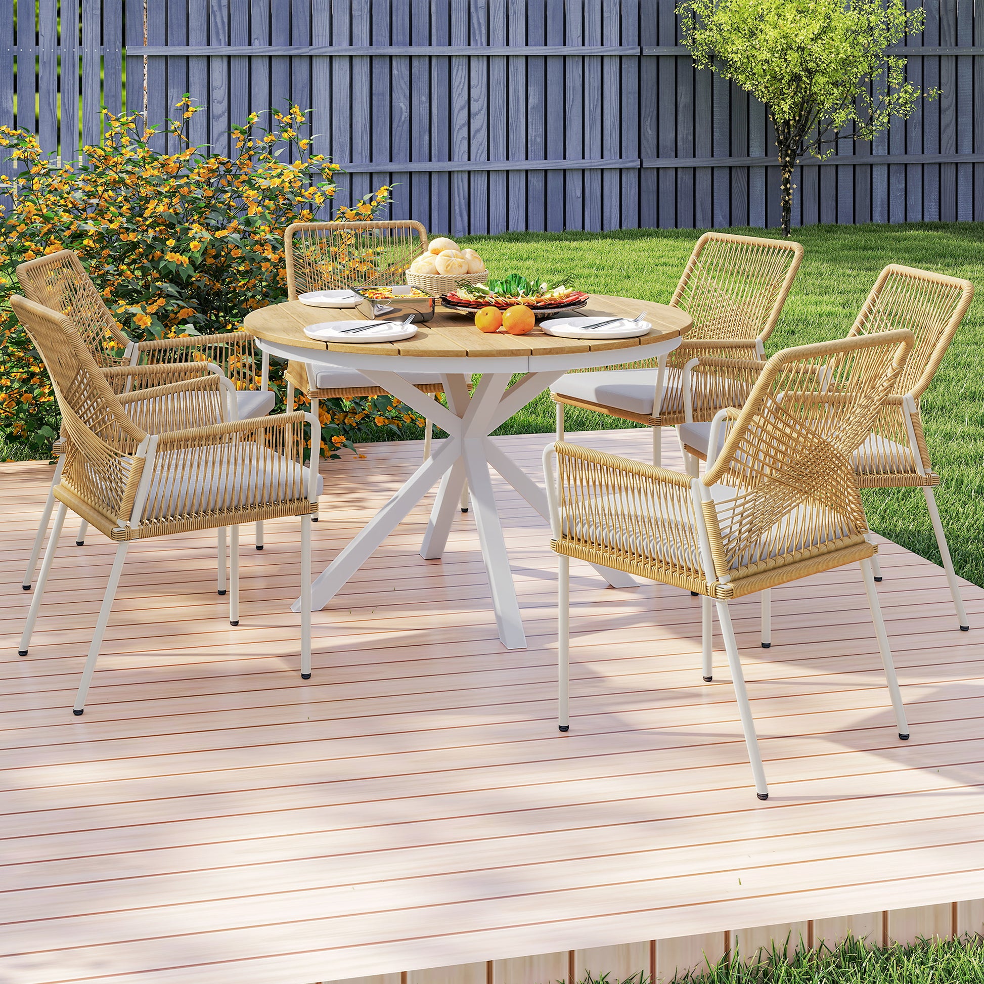 Patio Table Ø118cm, Weatherproof Aluminum Balcony Table with Cross Legs Slat Design Dining Table Outdoor, Camping Table, Round Terrace Table for Garden Balcony Teak