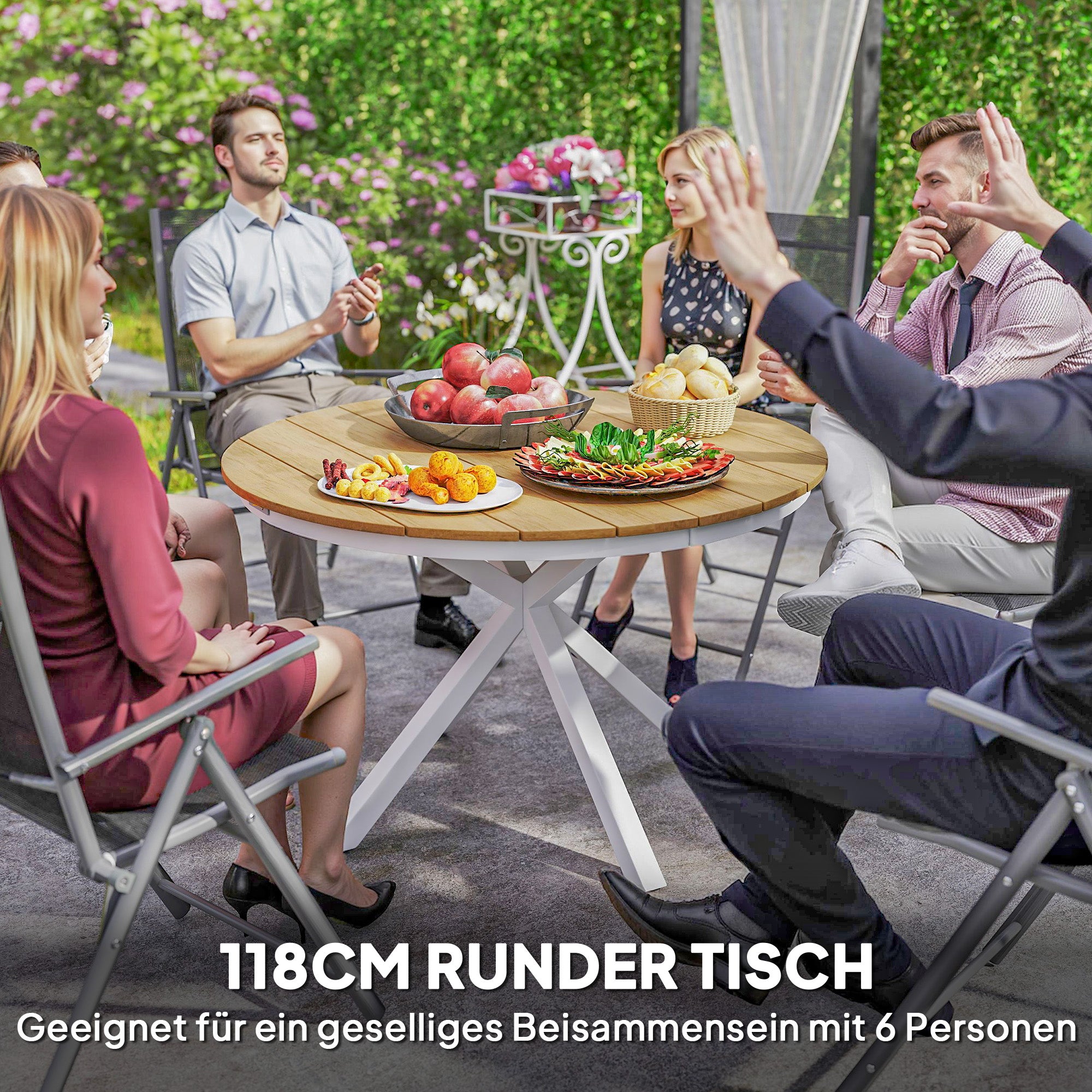 Patio Table Ø118cm, Weatherproof Aluminum Balcony Table with Cross Legs Slat Design Dining Table Outdoor, Camping Table, Round Terrace Table for Garden Balcony Teak