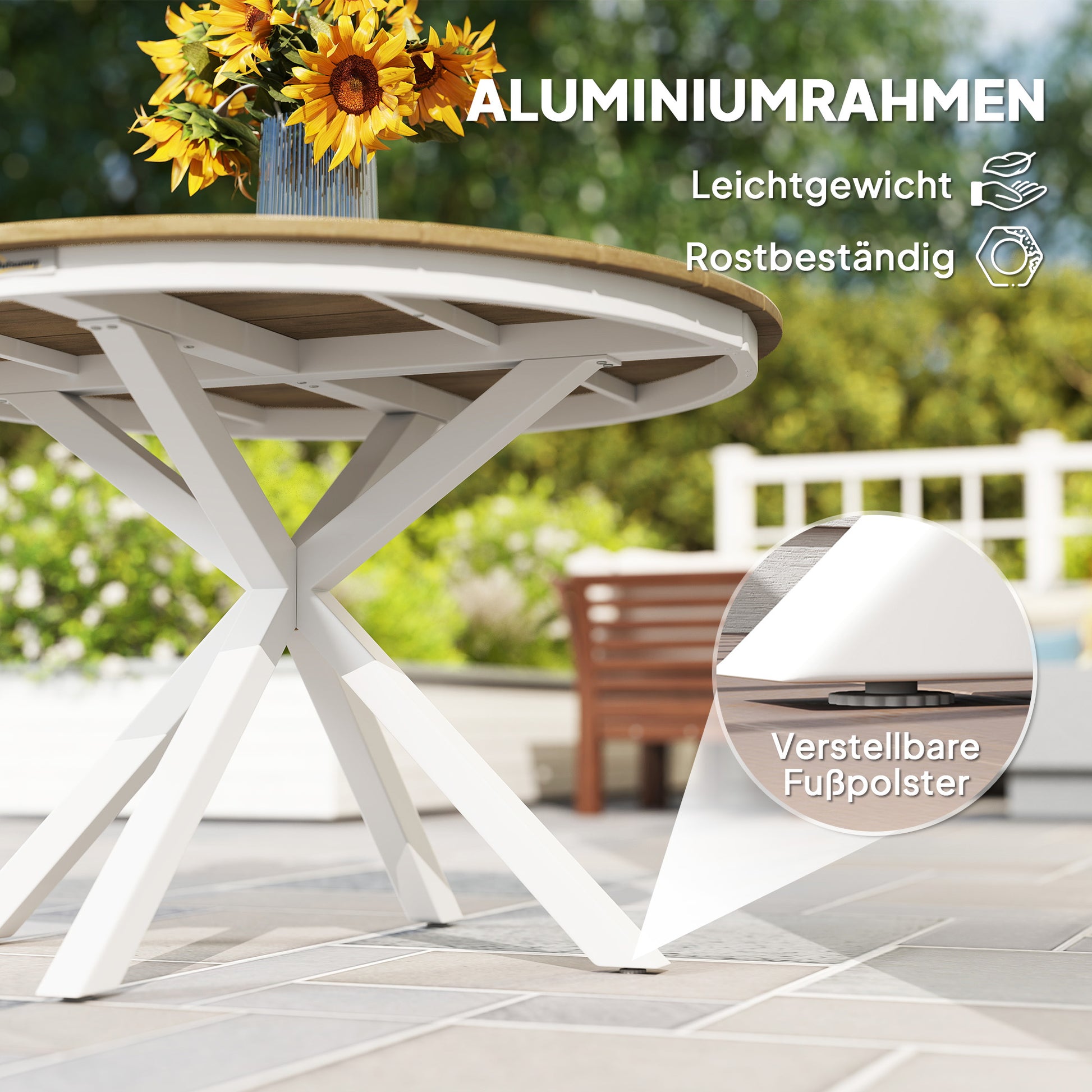 Patio Table Ø118cm, Weatherproof Aluminum Balcony Table with Cross Legs Slat Design Dining Table Outdoor, Camping Table, Round Terrace Table for Garden Balcony Teak