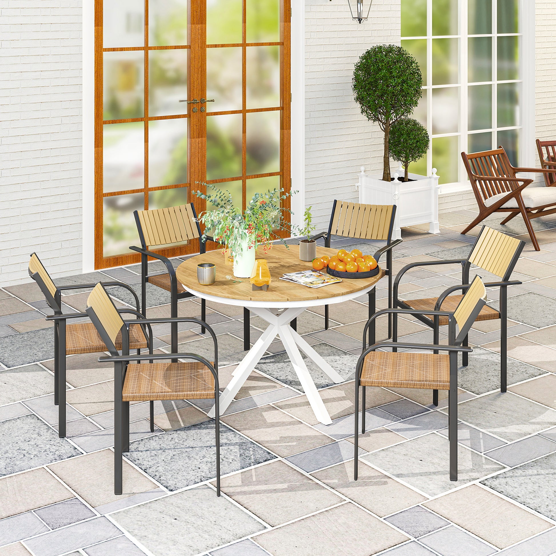 Patio Table Ø118cm, Weatherproof Aluminum Balcony Table with Cross Legs Slat Design Dining Table Outdoor, Camping Table, Round Terrace Table for Garden Balcony Teak