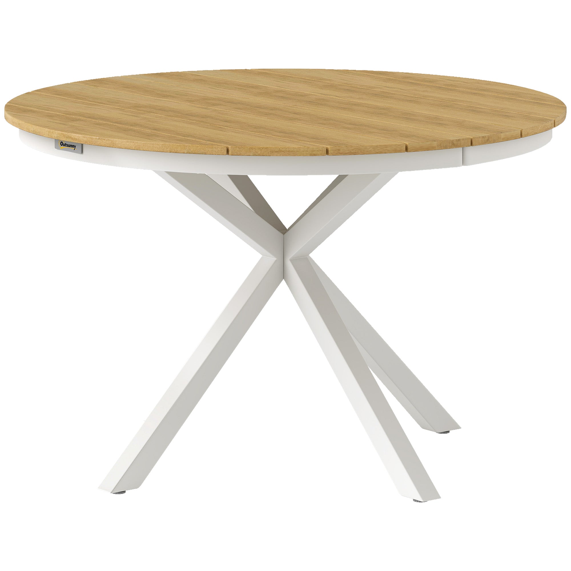 Patio Table Ø118cm, Weatherproof Aluminum Balcony Table with Cross Legs Slat Design Dining Table Outdoor, Camping Table, Round Terrace Table for Garden Balcony Teak