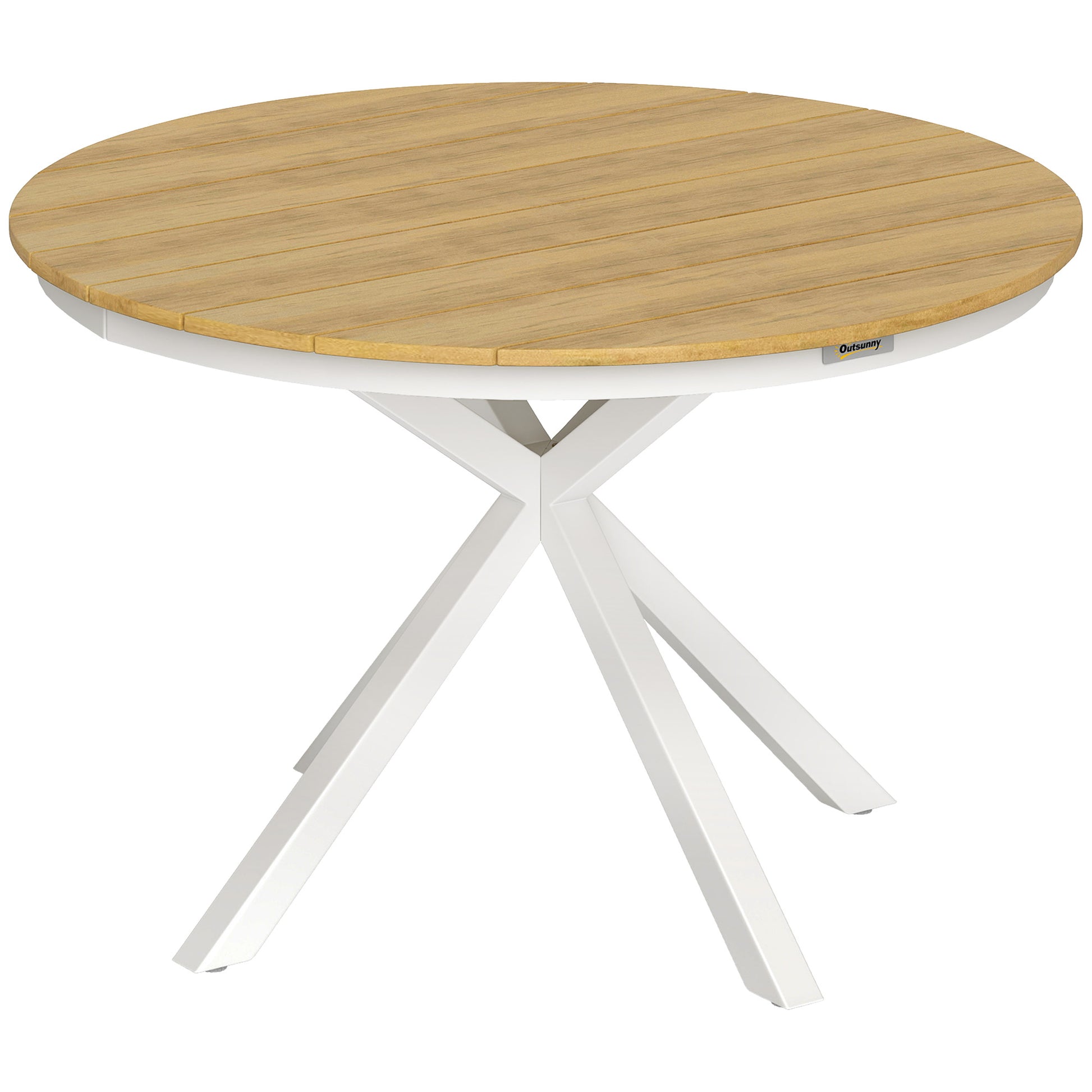 Patio Table Ø118cm, Weatherproof Aluminum Balcony Table with Cross Legs Slat Design Dining Table Outdoor, Camping Table, Round Terrace Table for Garden Balcony Teak