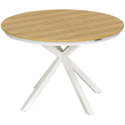 Patio Table Ø118cm, Weatherproof Aluminum Balcony Table with Cross Legs Slat Design Dining Table Outdoor, Camping Table, Round Terrace Table for Garden Balcony Teak