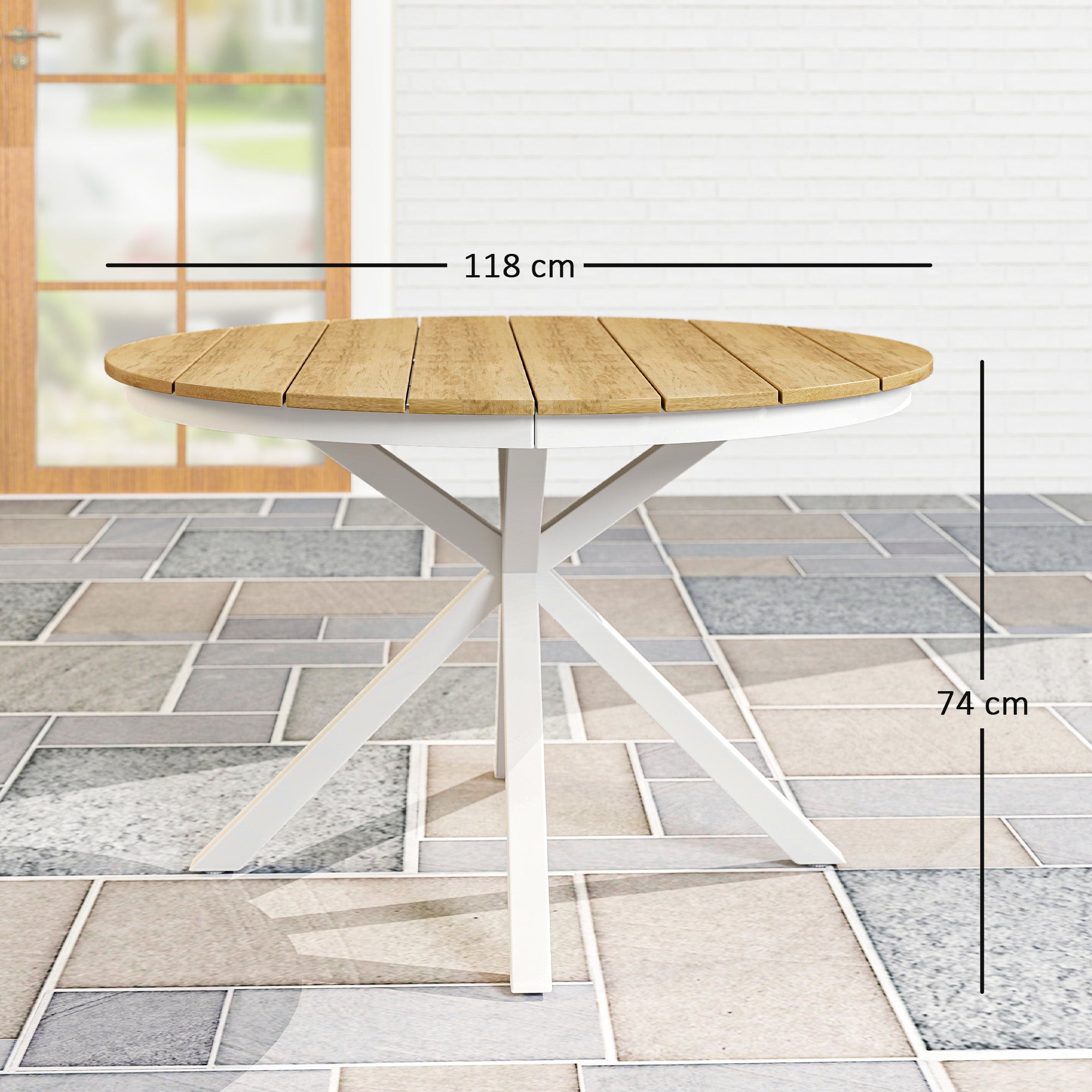 Patio Table Ø118cm, Weatherproof Aluminum Balcony Table with Cross Legs Slat Design Dining Table Outdoor, Camping Table, Round Terrace Table for Garden Balcony Teak