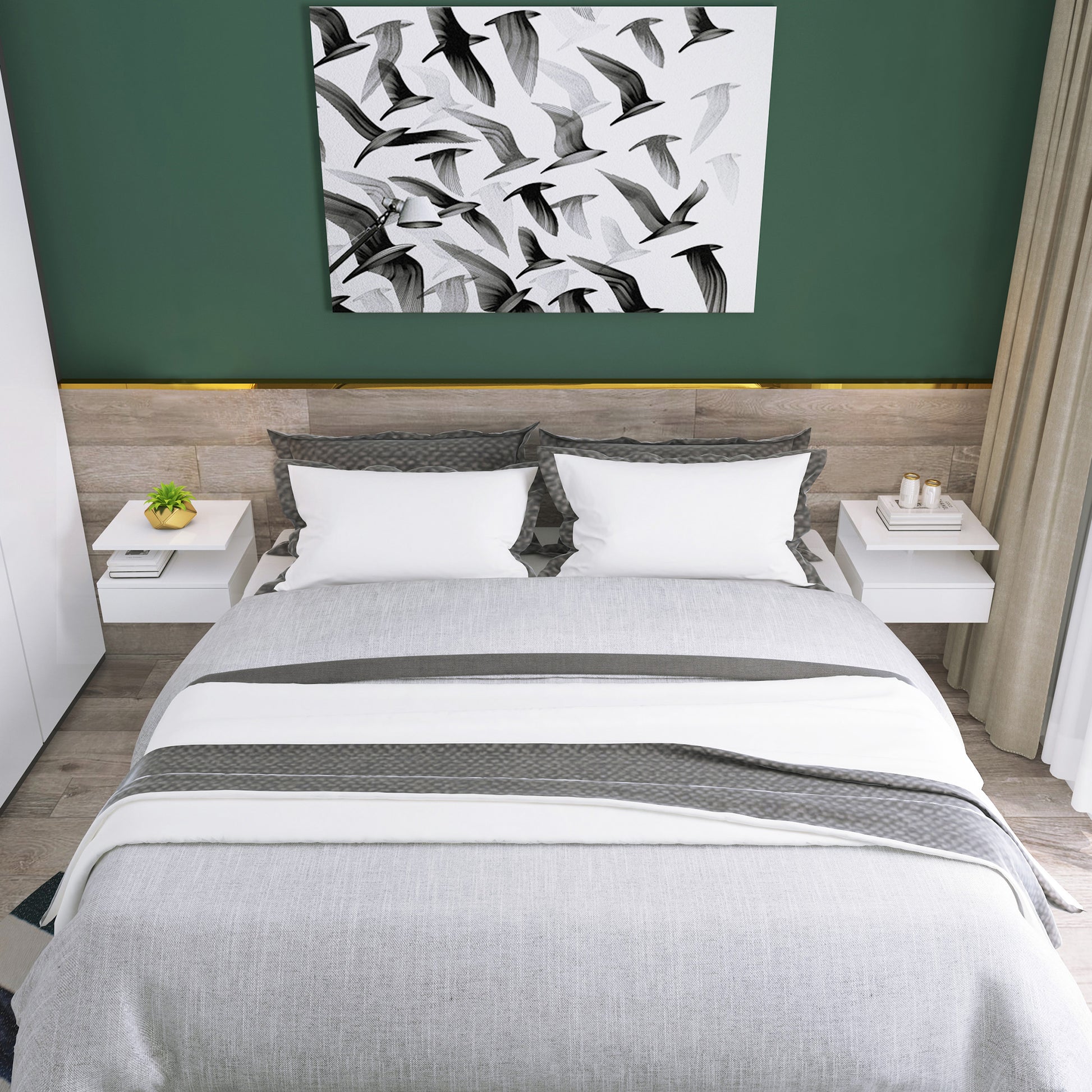 Set of 2 Floating Bedside Tables Hanging Nightstands with 1 Drawer and Open Shelf for Bedroom 35x32x22.5 cm White