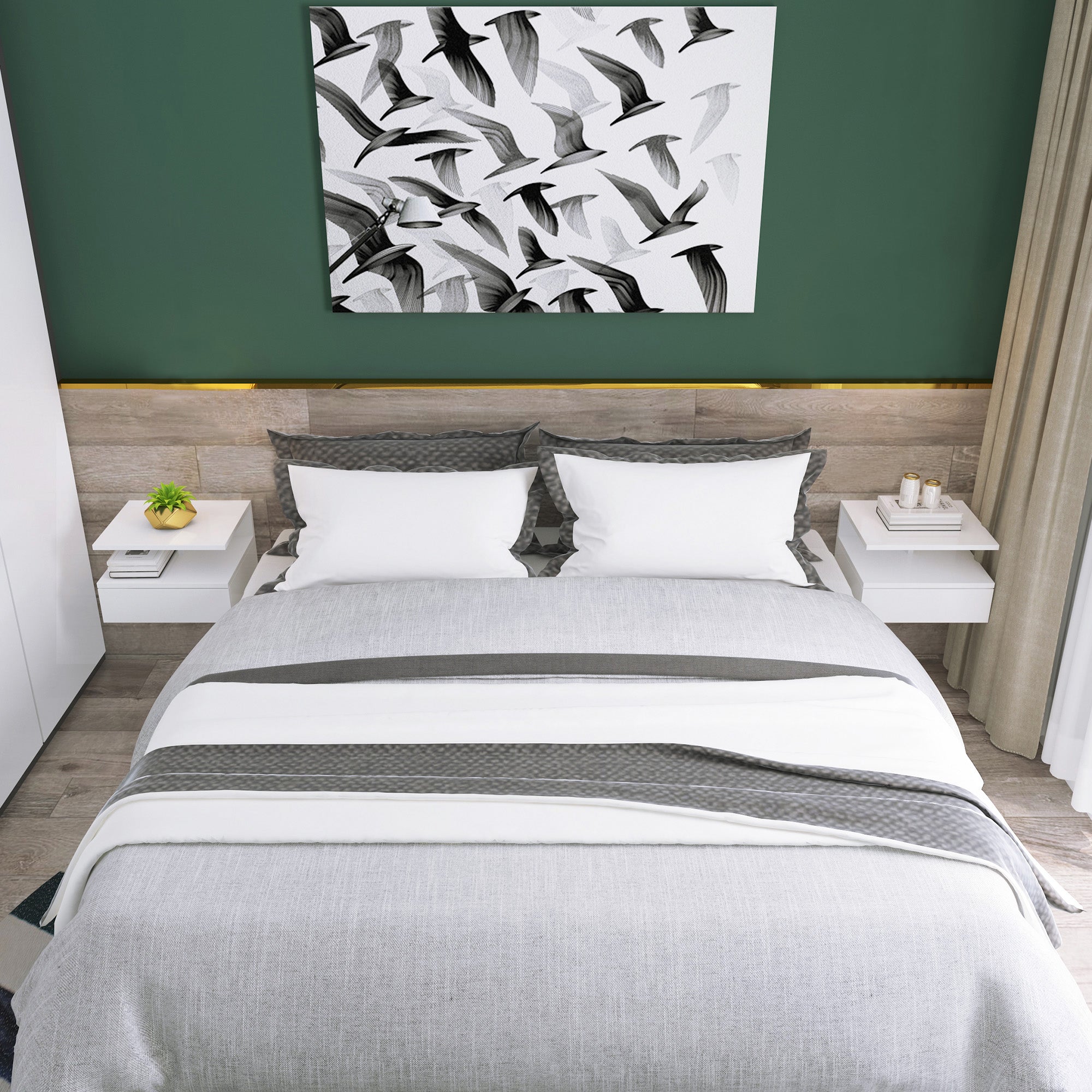 Set of 2 Floating Bedside Tables Hanging Nightstands with 1 Drawer and Open Shelf for Bedroom 35x32x22.5 cm White