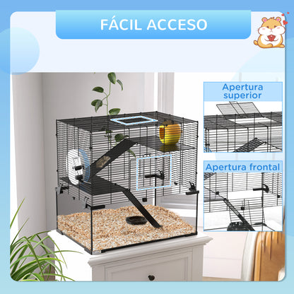 Hamster Cage Small Animal House with Glass Bottom Platforms Bowl Drinker House Ramps and Exercise Wheel 60x40x54.5 cm Black