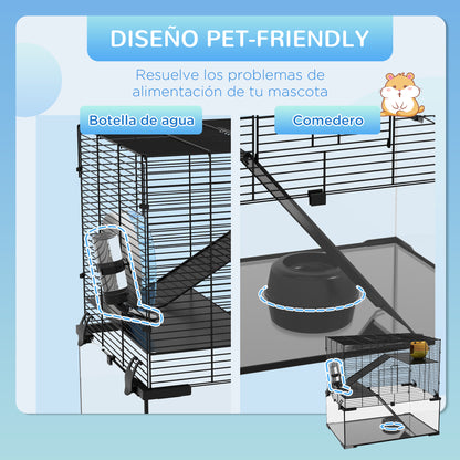 Hamster Cage Small Animal House with Glass Bottom Platforms Bowl Drinker House Ramps and Exercise Wheel 60x40x54.5 cm Black