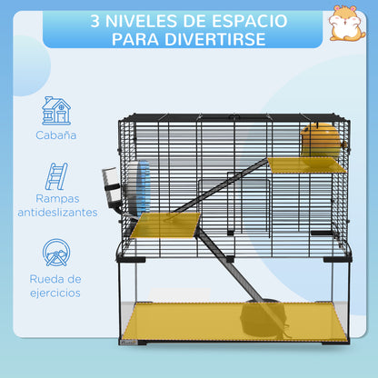 Hamster Cage Small Animal House with Glass Bottom Platforms Bowl Drinker House Ramps and Exercise Wheel 60x40x54.5 cm Black