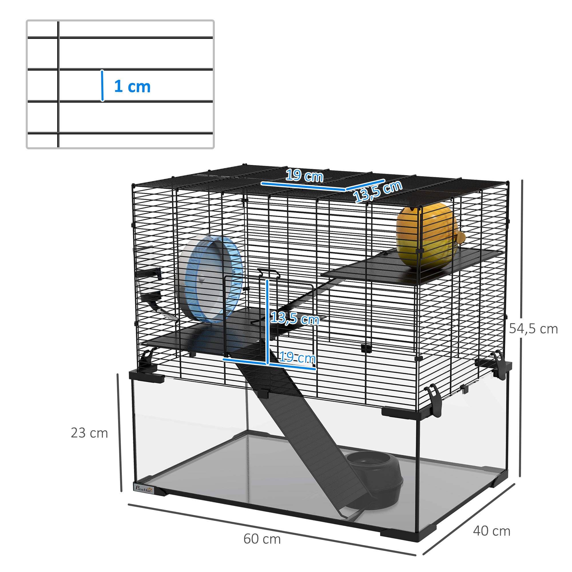 Hamster Cage Small Animal House with Glass Bottom Platforms Bowl Drinker House Ramps and Exercise Wheel 60x40x54.5 cm Black