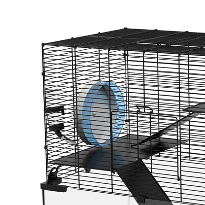 Hamster Cage Small Animal House with Glass Bottom Platforms Bowl Drinker House Ramps and Exercise Wheel 60x40x54.5 cm Black