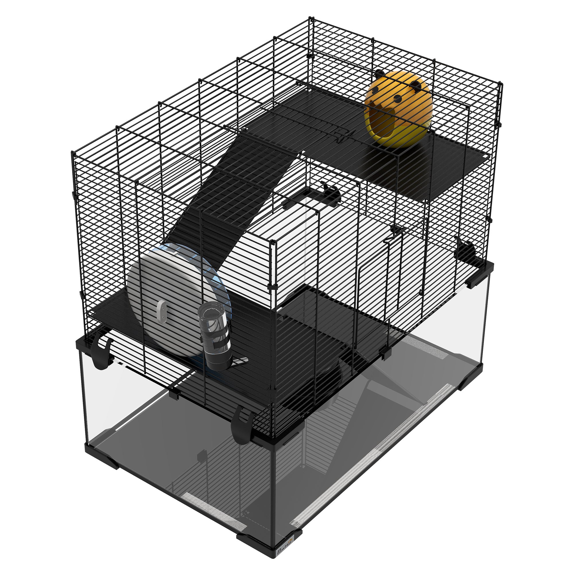 Hamster Cage Small Animal House with Glass Bottom Platforms Bowl Drinker House Ramps and Exercise Wheel 60x40x54.5 cm Black