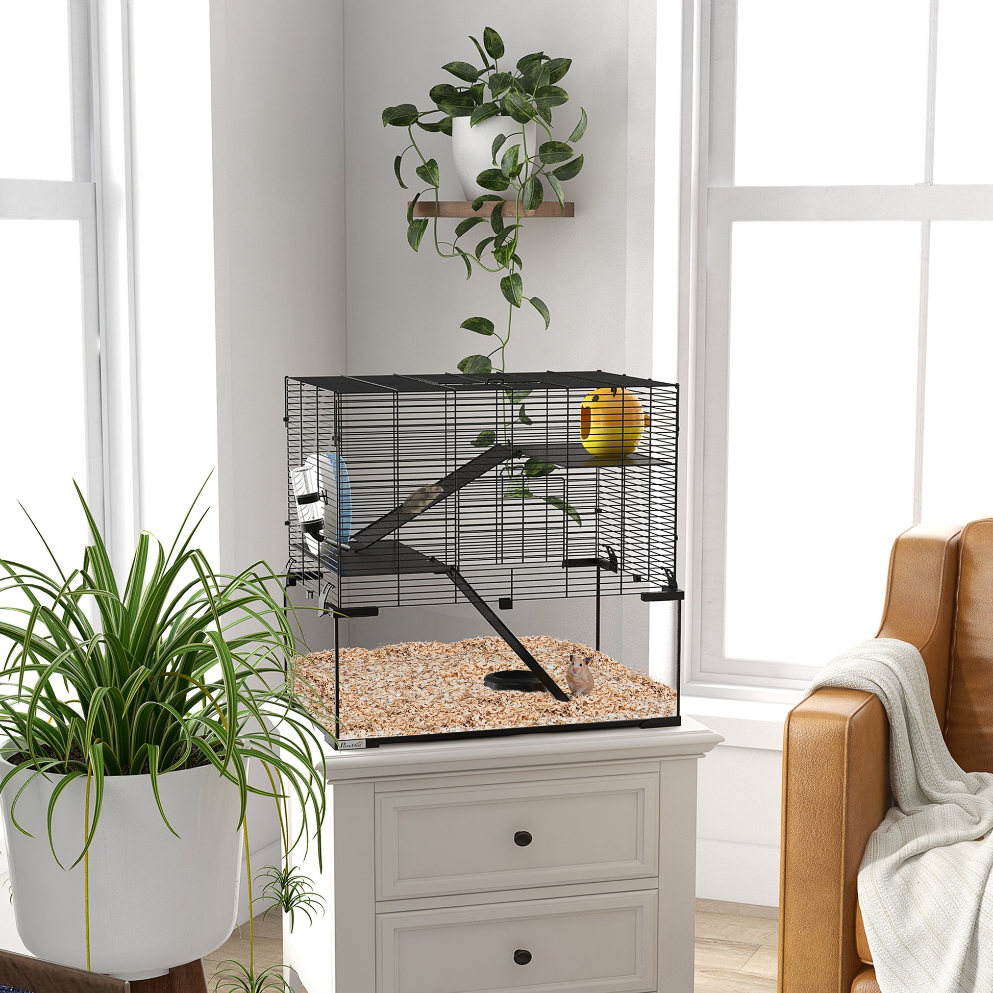 Hamster Cage Small Animal House with Glass Bottom Platforms Bowl Drinker House Ramps and Exercise Wheel 60x40x54.5 cm Black