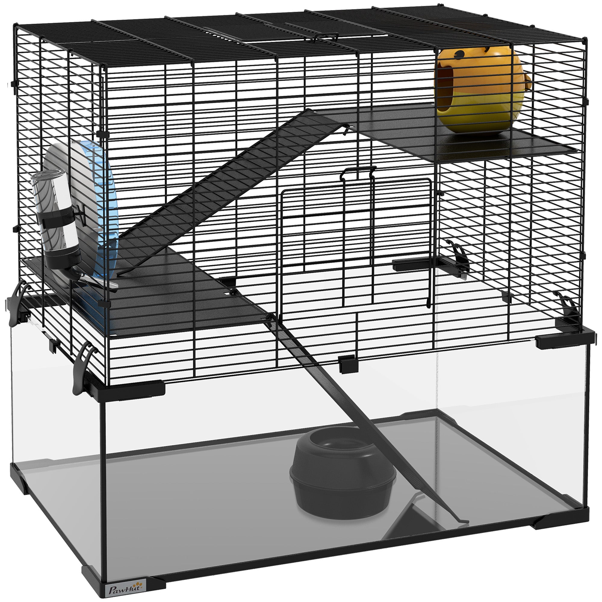 Hamster Cage Small Animal House with Glass Bottom Platforms Bowl Drinker House Ramps and Exercise Wheel 60x40x54.5 cm Black