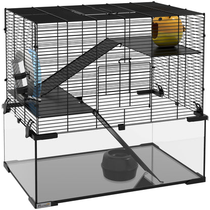 Hamster Cage Small Animal House with Glass Bottom Platforms Bowl Drinker House Ramps and Exercise Wheel 60x40x54.5 cm Black