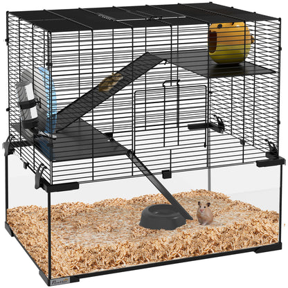 Hamster Cage Small Animal House with Glass Bottom Platforms Bowl Drinker House Ramps and Exercise Wheel 60x40x54.5 cm Black