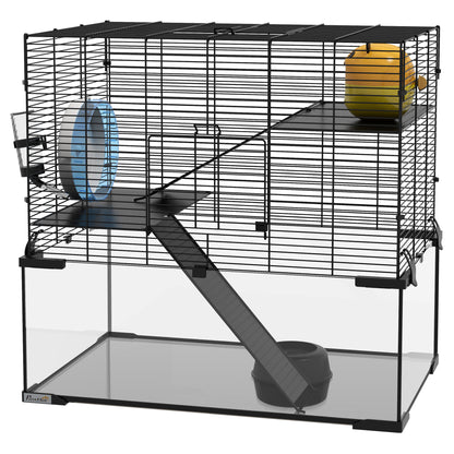 Hamster Cage Small Animal House with Glass Bottom Platforms Bowl Drinker House Ramps and Exercise Wheel 60x40x54.5 cm Black
