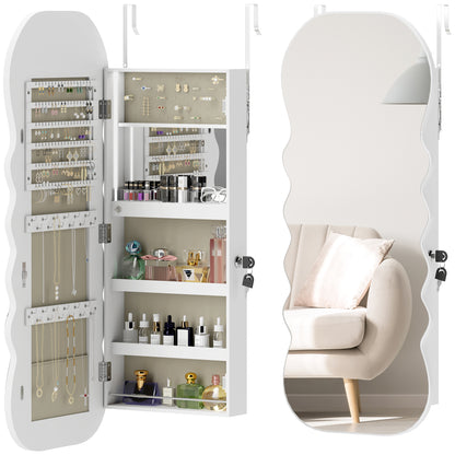 LED Jewelry Mirror with 3-Color Light, Wall- or Door-Mount Jewelry Cabinet with Lock, Full-Length Wavy Design, White