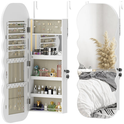 LED Jewelry Mirror with 3-Color Light, Wall- or Door-Mount Jewelry Cabinet with Lock, Full-Length Wavy Design, White
