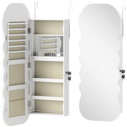 LED Jewelry Mirror with 3-Color Light, Wall- or Door-Mount Jewelry Cabinet with Lock, Full-Length Wavy Design, White