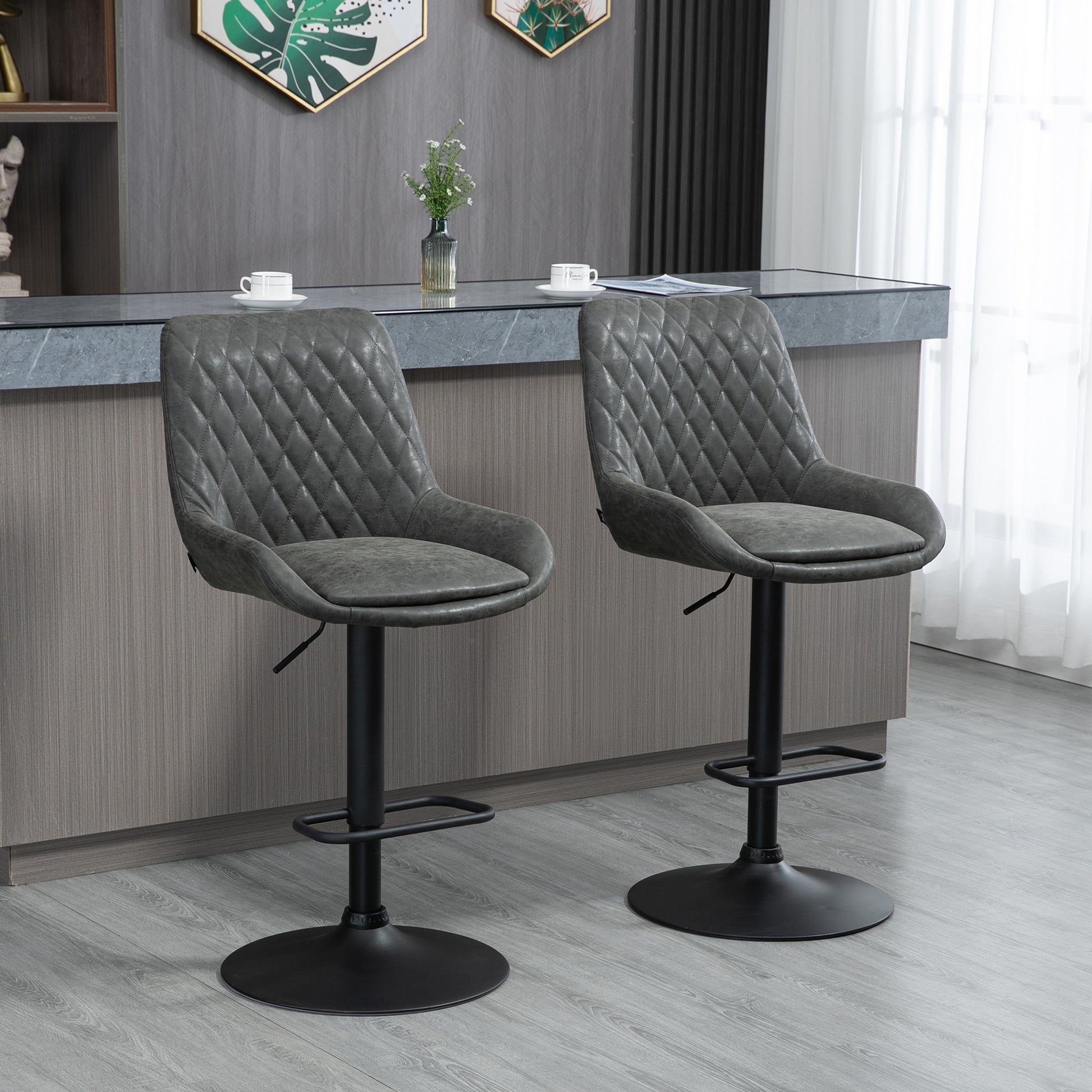 Set of 2 Bar Stools, Kitchen Stools with Backrest, Adjustable Bar Chairs, Counter Stool with Footrest, Dining Chair for Dining Room, Kitchen, Faux Leather, Dark Gray