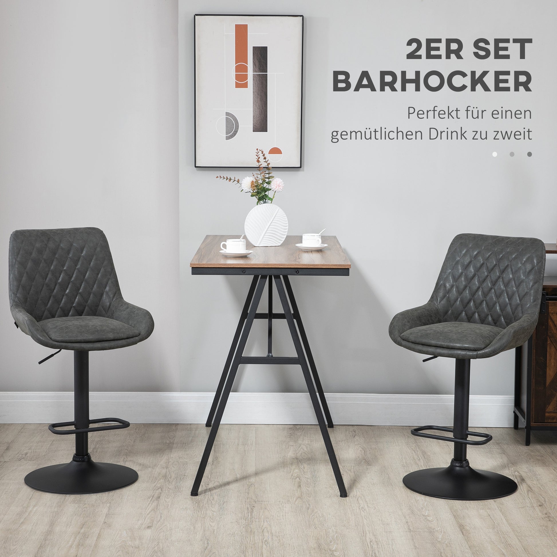 Set of 2 Bar Stools, Kitchen Stools with Backrest, Adjustable Bar Chairs, Counter Stool with Footrest, Dining Chair for Dining Room, Kitchen, Faux Leather, Dark Gray