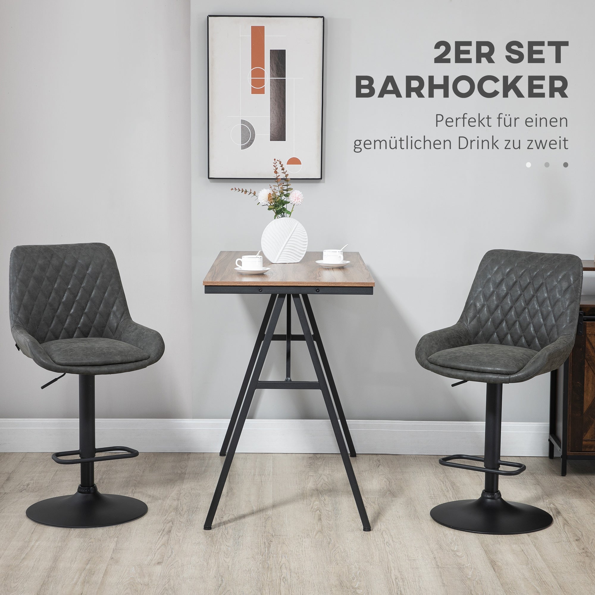 Set of 2 Bar Stools, Kitchen Stools with Backrest, Adjustable Bar Chairs, Counter Stool with Footrest, Dining Chair for Dining Room, Kitchen, Faux Leather, Dark Gray