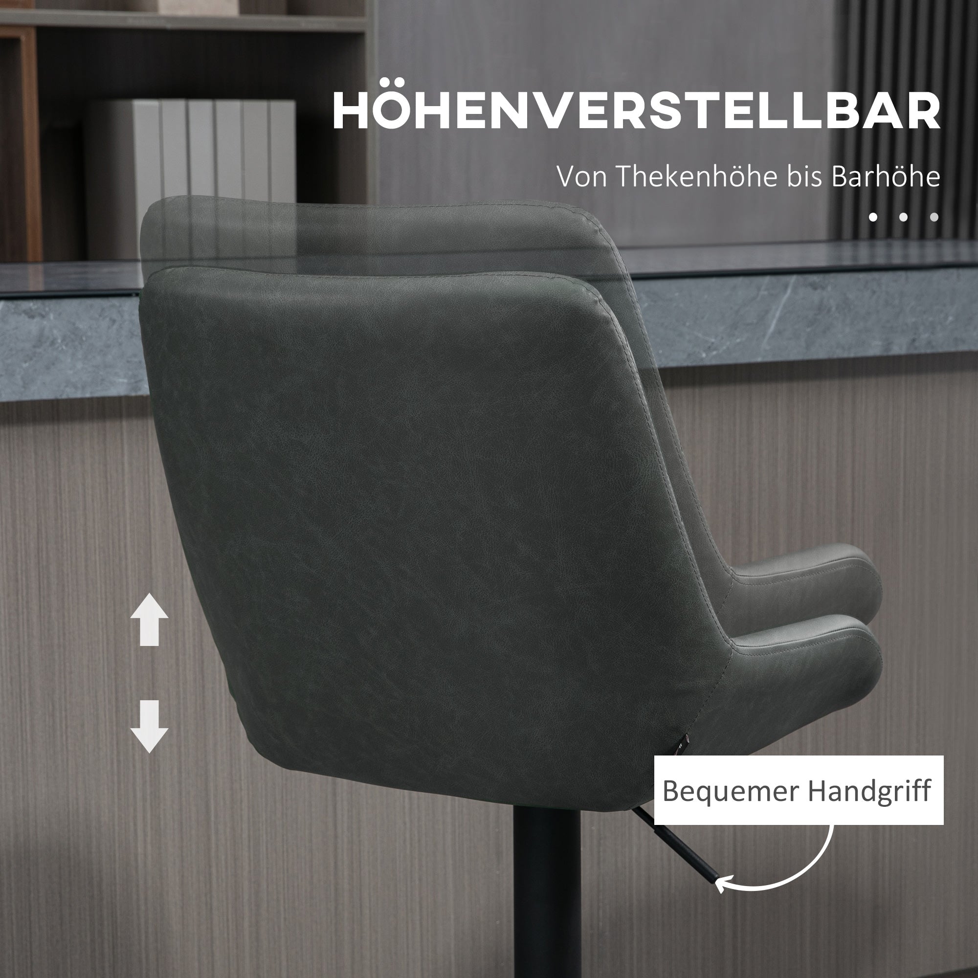 Set of 2 Bar Stools, Kitchen Stools with Backrest, Adjustable Bar Chairs, Counter Stool with Footrest, Dining Chair for Dining Room, Kitchen, Faux Leather, Dark Gray