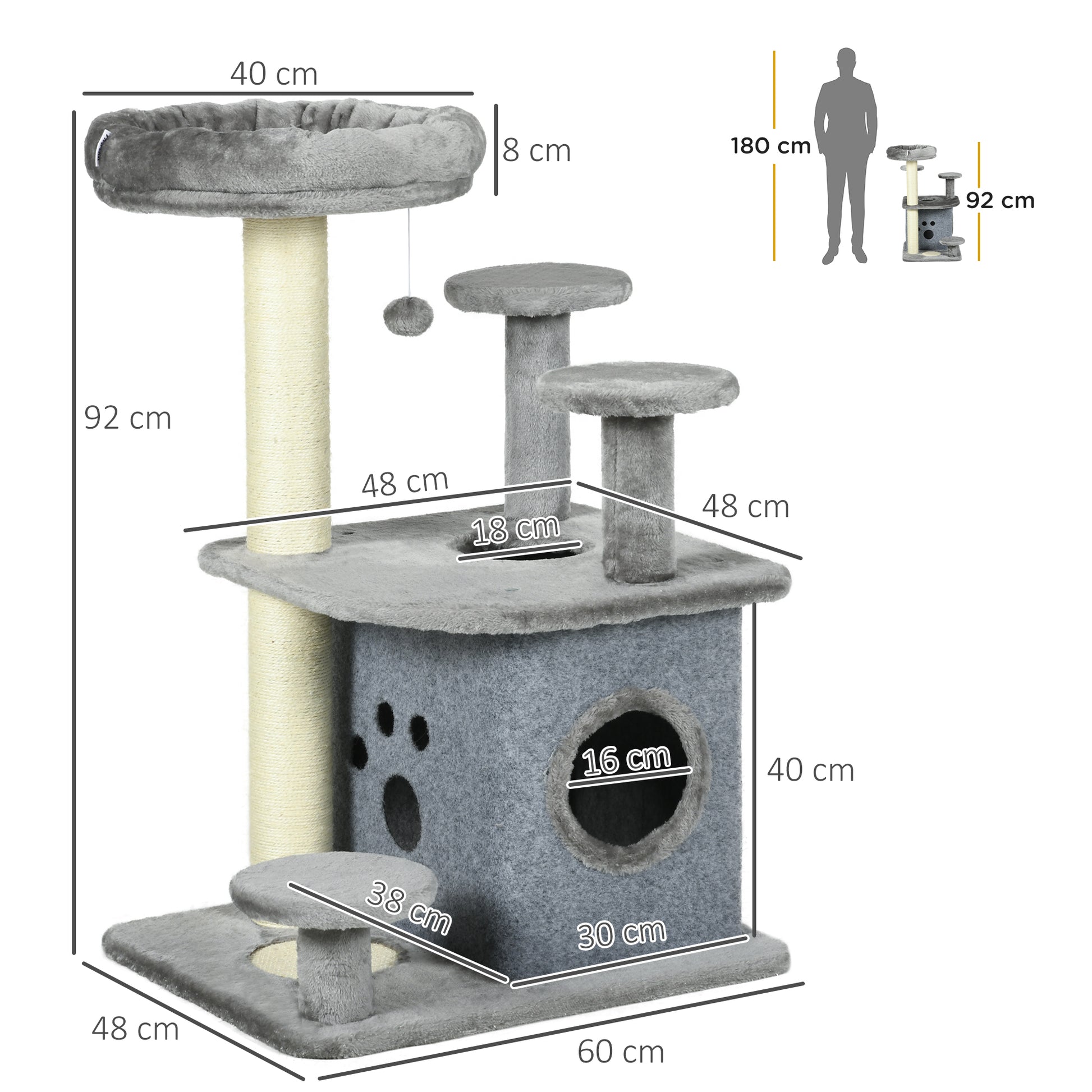 Cat Scratching Tree with Platforms, Bed, House, and Sisal Posts, Cat Tower with Plush Cover, 60x48x92 cm, Gray