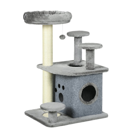 Cat Scratching Tree with Platforms, Bed, House, and Sisal Posts, Cat Tower with Plush Cover, 60x48x92 cm, Gray