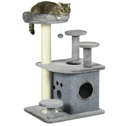 Cat Scratching Tree with Platforms, Bed, House, and Sisal Posts, Cat Tower with Plush Cover, 60x48x92 cm, Gray