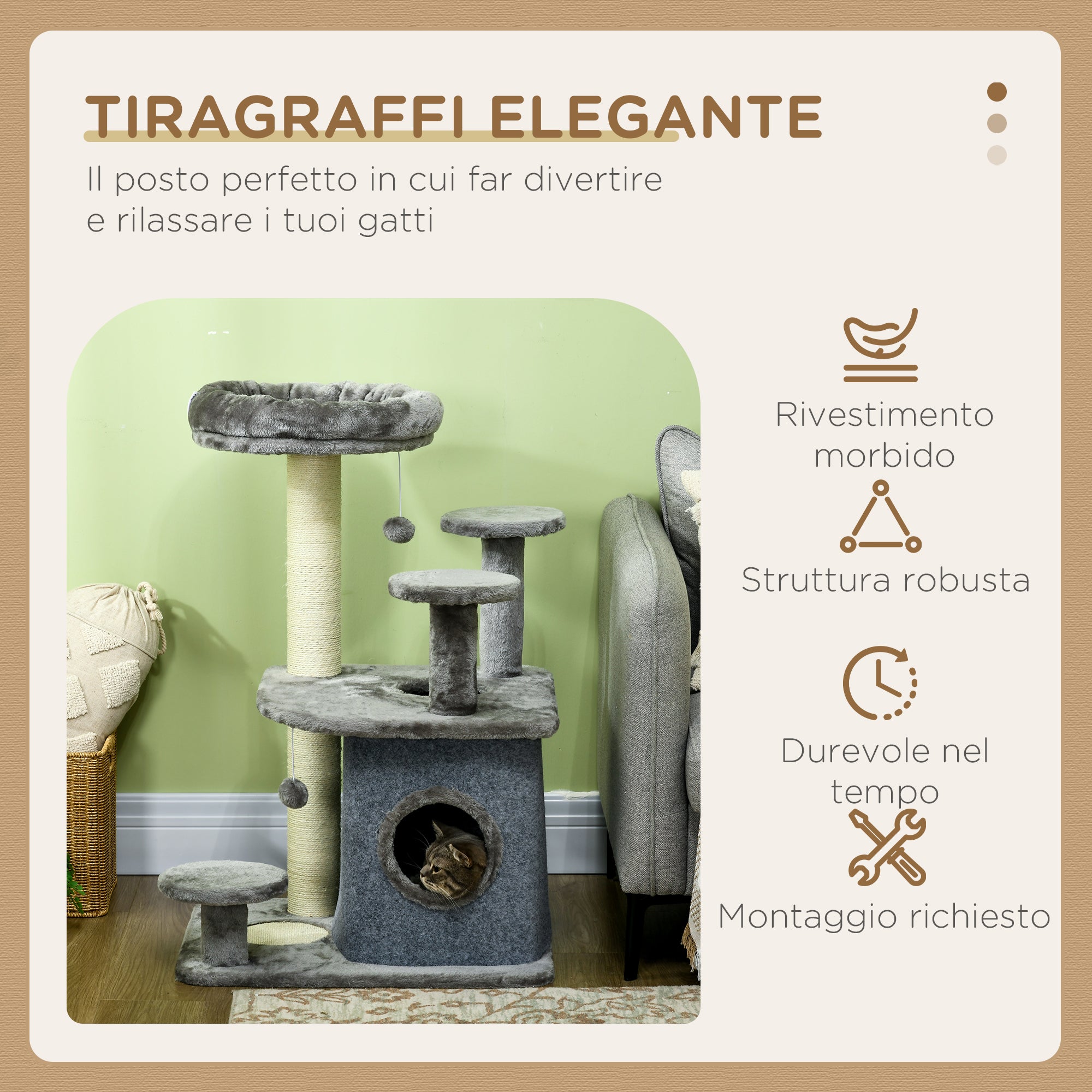 Cat Scratching Tree with Platforms, Bed, House, and Sisal Posts, Cat Tower with Plush Cover, 60x48x92 cm, Gray