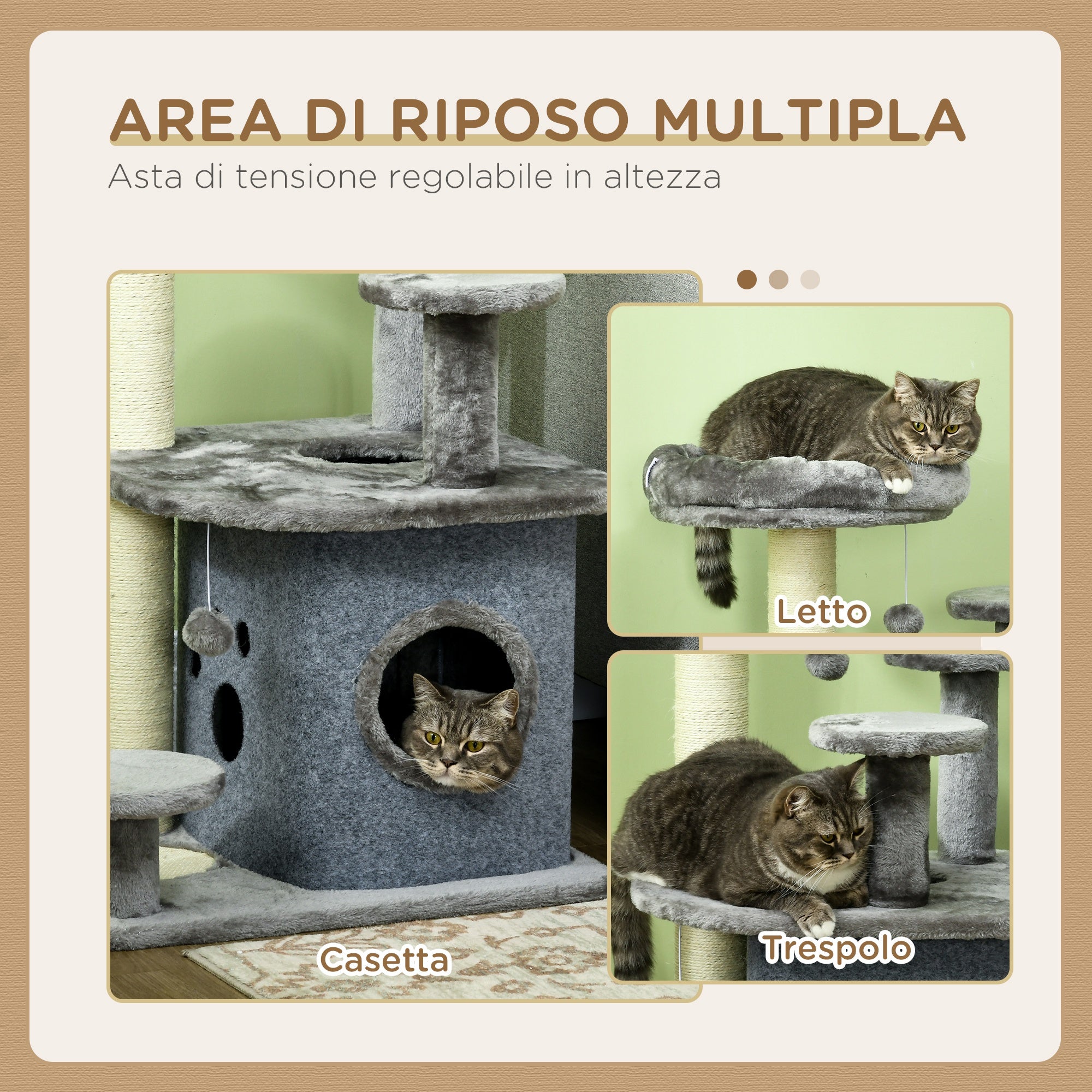 Cat Scratching Tree with Platforms, Bed, House, and Sisal Posts, Cat Tower with Plush Cover, 60x48x92 cm, Gray