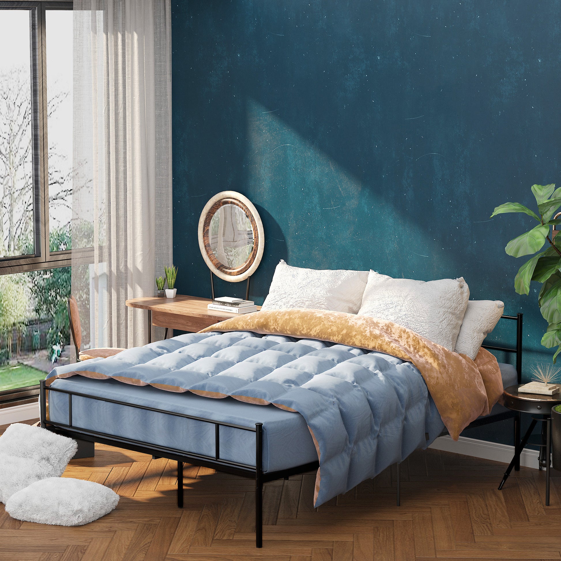 Double Bed Frame 165x211x100cm in Steel, Integrated Slats, Industrial Style Headboard and Footboard, Black
