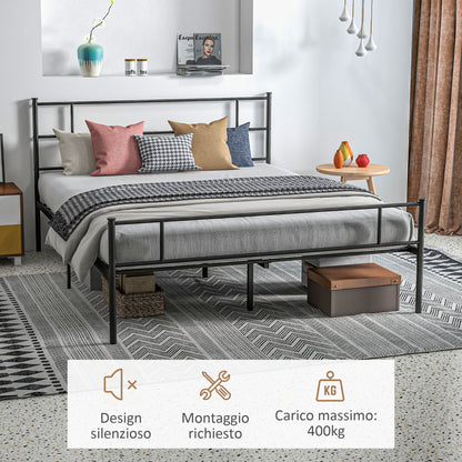 Double Bed Frame 165x211x100cm in Steel, Integrated Slats, Industrial Style Headboard and Footboard, Black