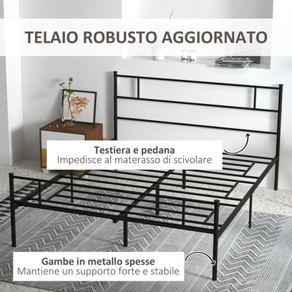 Double Bed Frame 165x211x100cm in Steel, Integrated Slats, Industrial Style Headboard and Footboard, Black