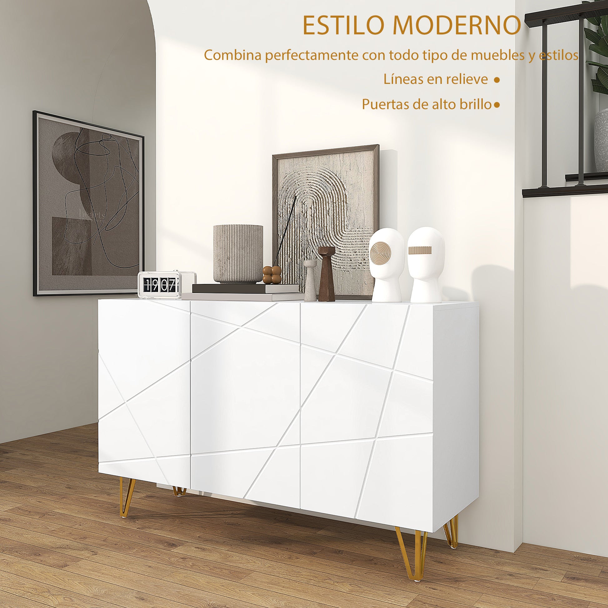 Sideboard for Living Room Entryway Sideboard with 3 Doors and Adjustable Shelves Storage Cabinet for Kitchen Room 120x40x75 cm Bright White