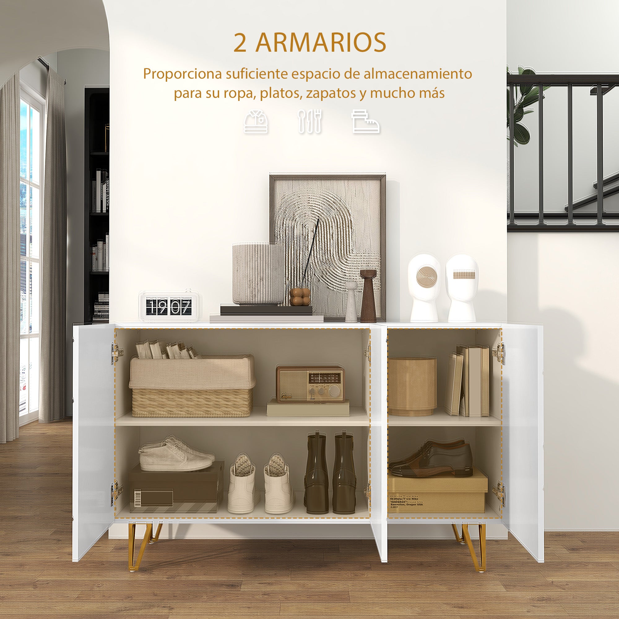 Sideboard for Living Room Entryway Sideboard with 3 Doors and Adjustable Shelves Storage Cabinet for Kitchen Room 120x40x75 cm Bright White