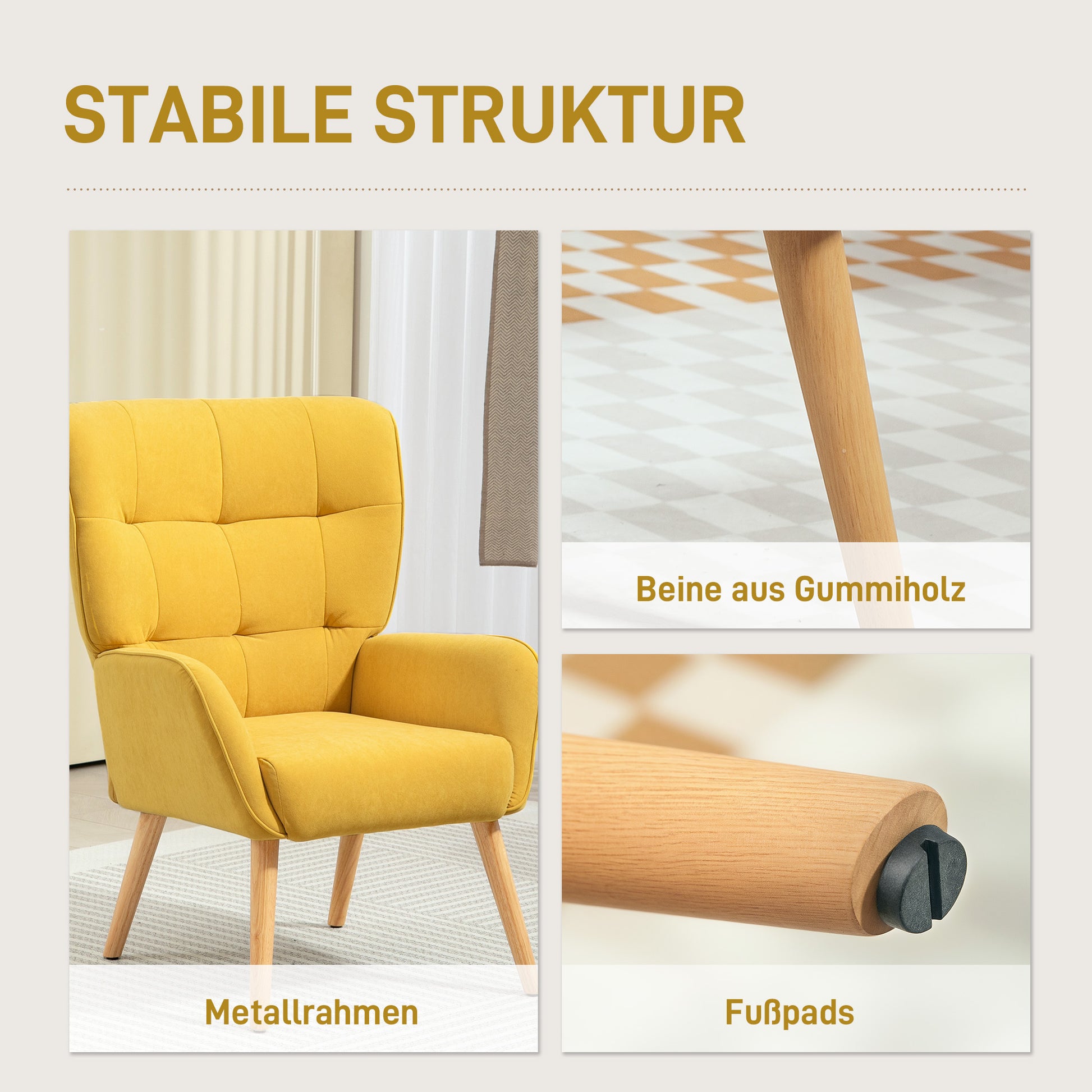 Armchair Living Room Lounge Armchair Relax Armchair with Wooden Legs Reading Armchair with Velvet Look, Upholstered Armchair for Bedroom Yellow