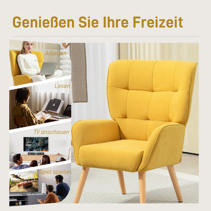 Armchair Living Room Lounge Armchair Relax Armchair with Wooden Legs Reading Armchair with Velvet Look, Upholstered Armchair for Bedroom Yellow