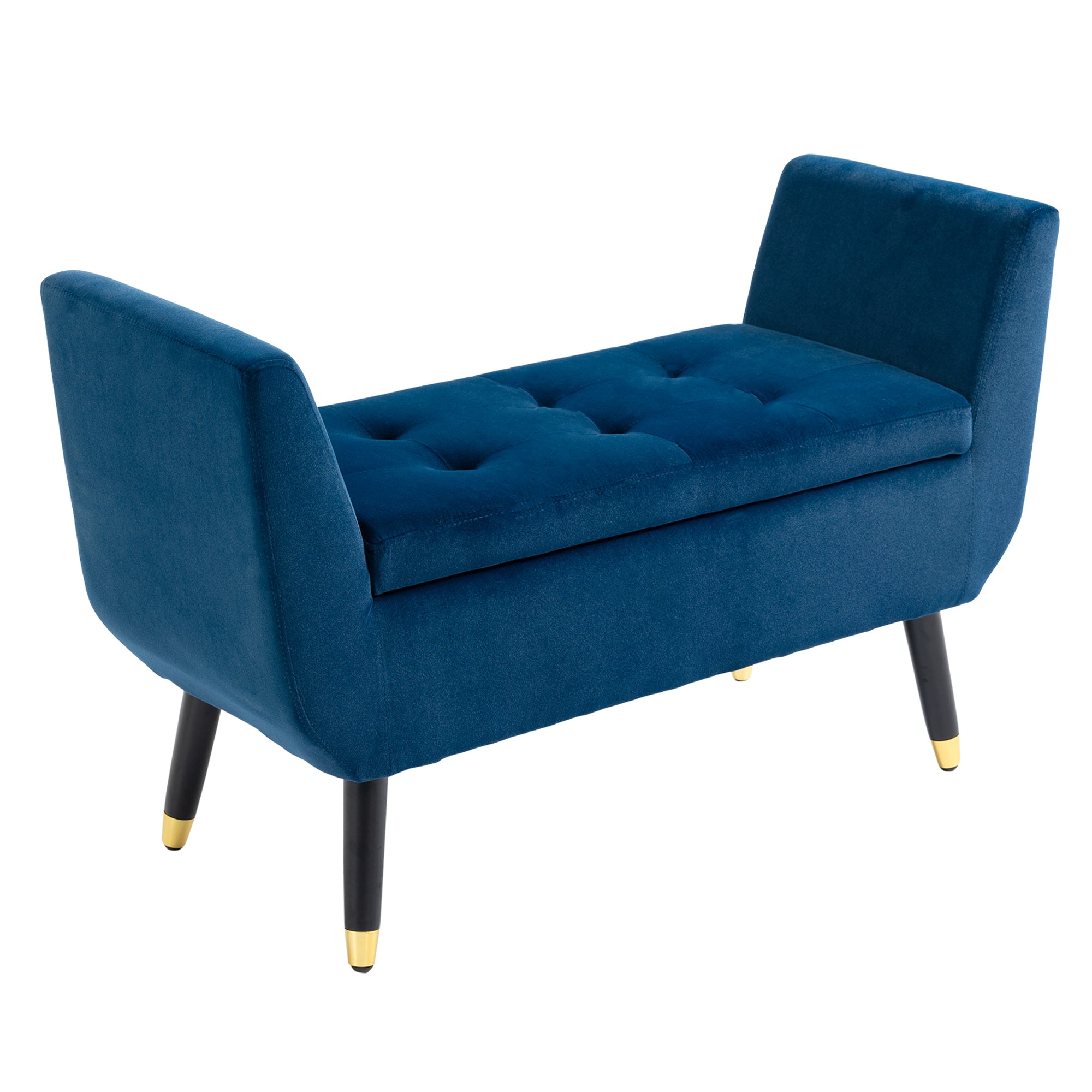 Bench with Storage Armrests Upholstered Bench with Velvet Look, Storage Chest with Wood Legs, Ottoman for Living Room Bedroom Hallway 107 x 42 x 65 cm, Blue