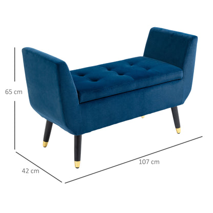 Bench with Storage Armrests Upholstered Bench with Velvet Look, Storage Chest with Wood Legs, Ottoman for Living Room Bedroom Hallway 107 x 42 x 65 cm, Blue