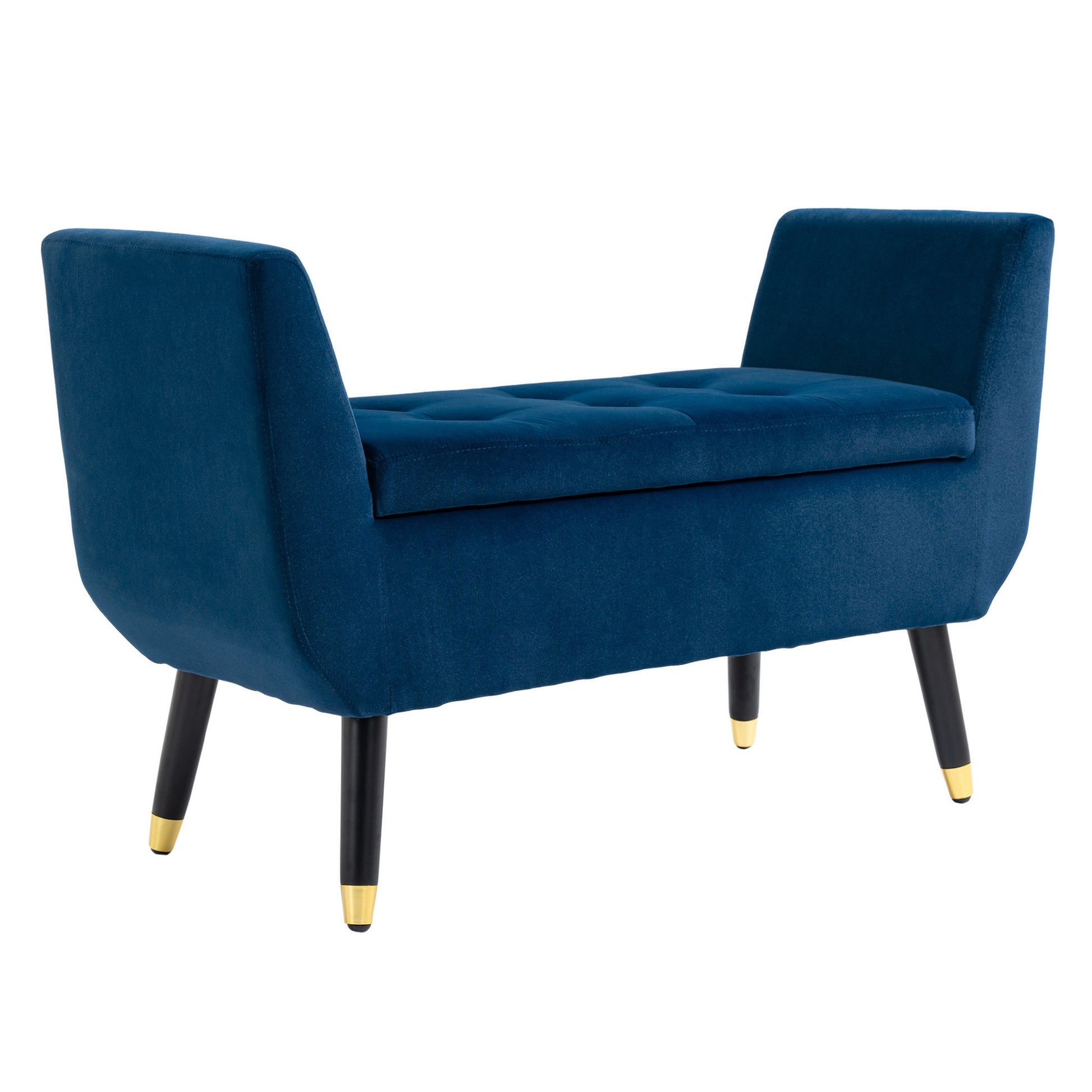 Bench with Storage Armrests Upholstered Bench with Velvet Look, Storage Chest with Wood Legs, Ottoman for Living Room Bedroom Hallway 107 x 42 x 65 cm, Blue