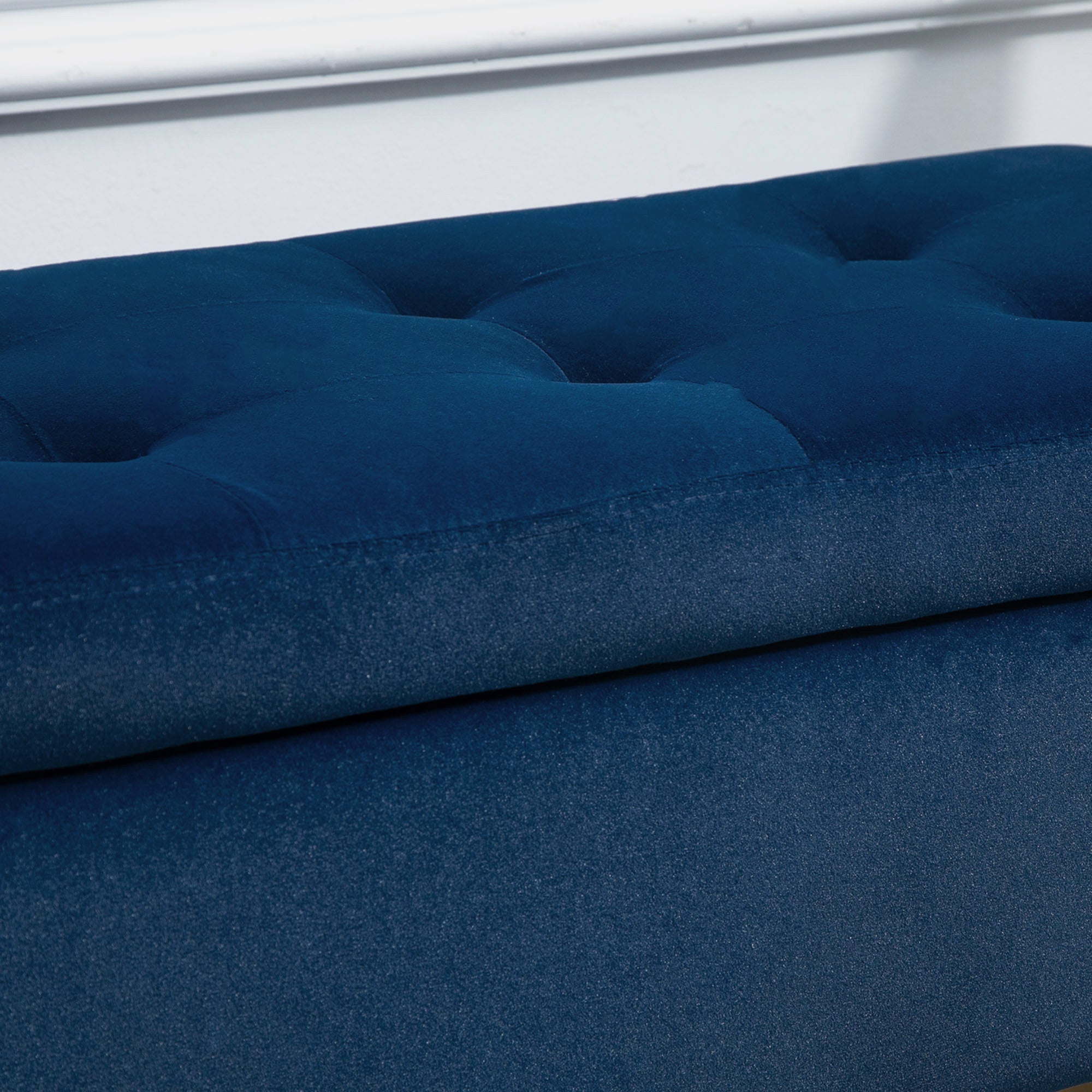 Bench with Storage Armrests Upholstered Bench with Velvet Look, Storage Chest with Wood Legs, Ottoman for Living Room Bedroom Hallway 107 x 42 x 65 cm, Blue