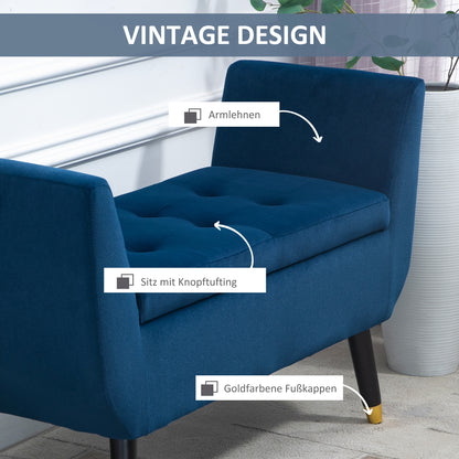 Bench with Storage Armrests Upholstered Bench with Velvet Look, Storage Chest with Wood Legs, Ottoman for Living Room Bedroom Hallway 107 x 42 x 65 cm, Blue