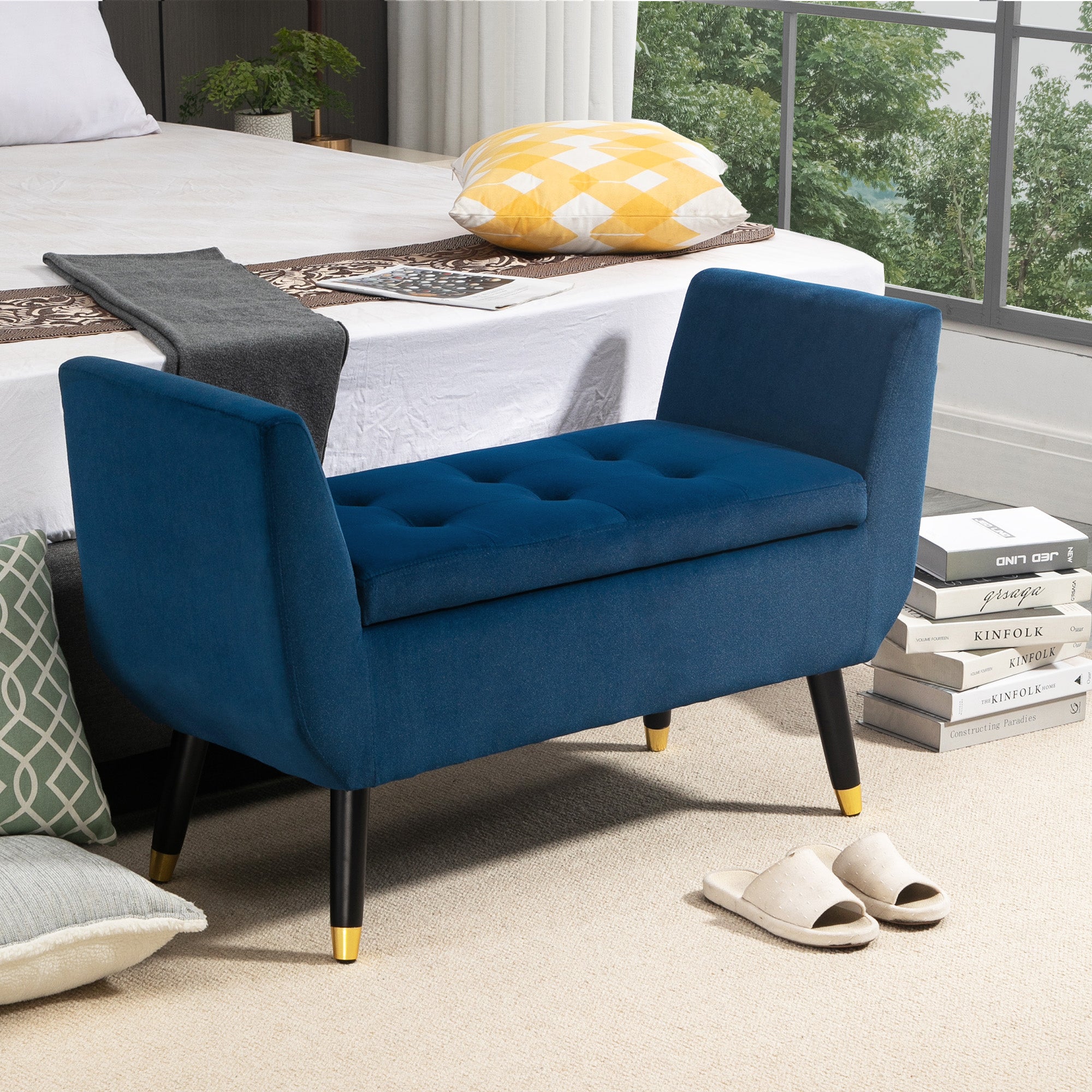 Bench with Storage Armrests Upholstered Bench with Velvet Look, Storage Chest with Wood Legs, Ottoman for Living Room Bedroom Hallway 107 x 42 x 65 cm, Blue
