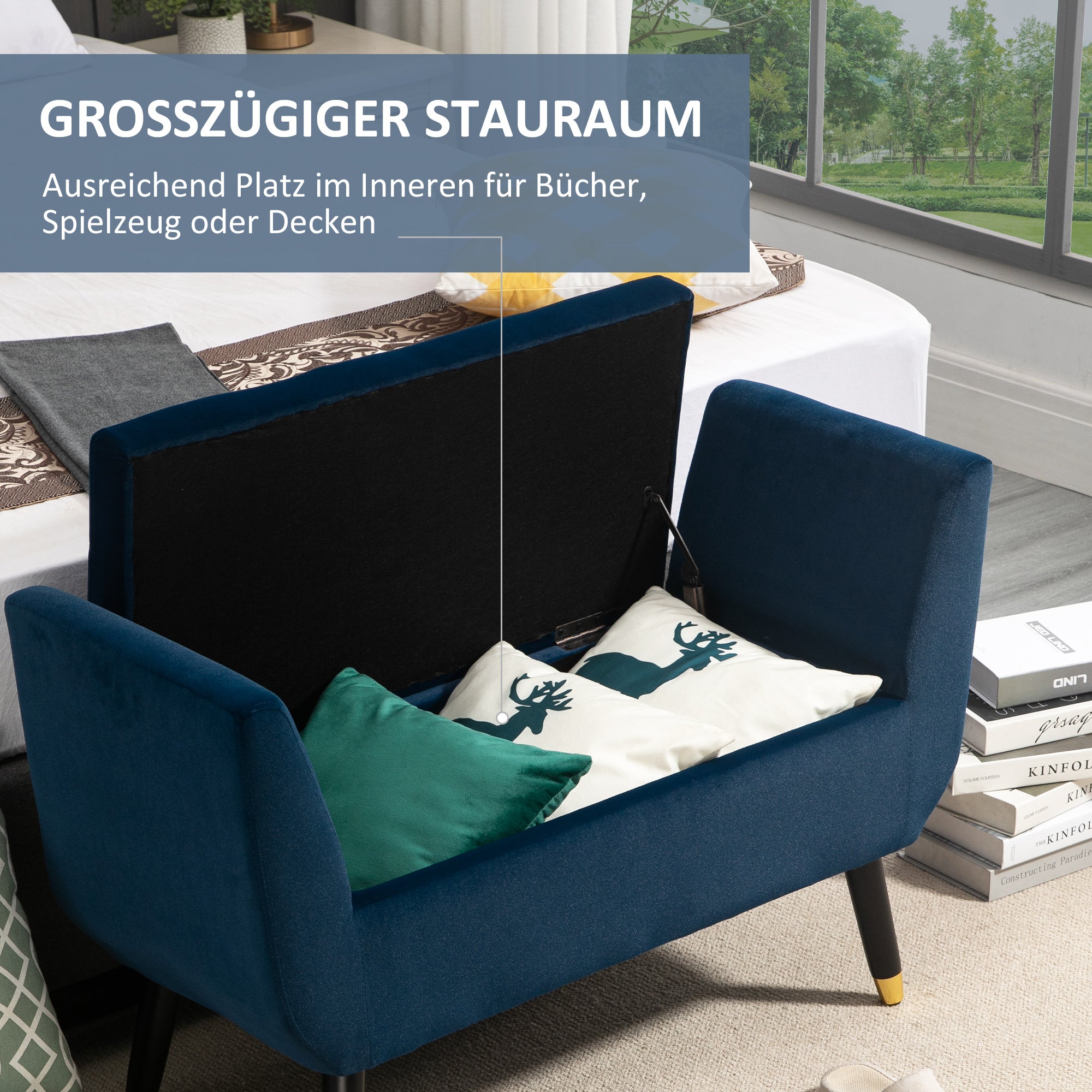 Bench with Storage Armrests Upholstered Bench with Velvet Look, Storage Chest with Wood Legs, Ottoman for Living Room Bedroom Hallway 107 x 42 x 65 cm, Blue